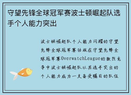 守望先锋全球冠军赛波士顿崛起队选手个人能力突出